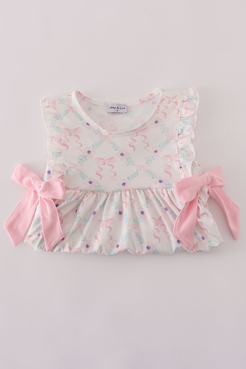 Pink floral bow ruffle pants set