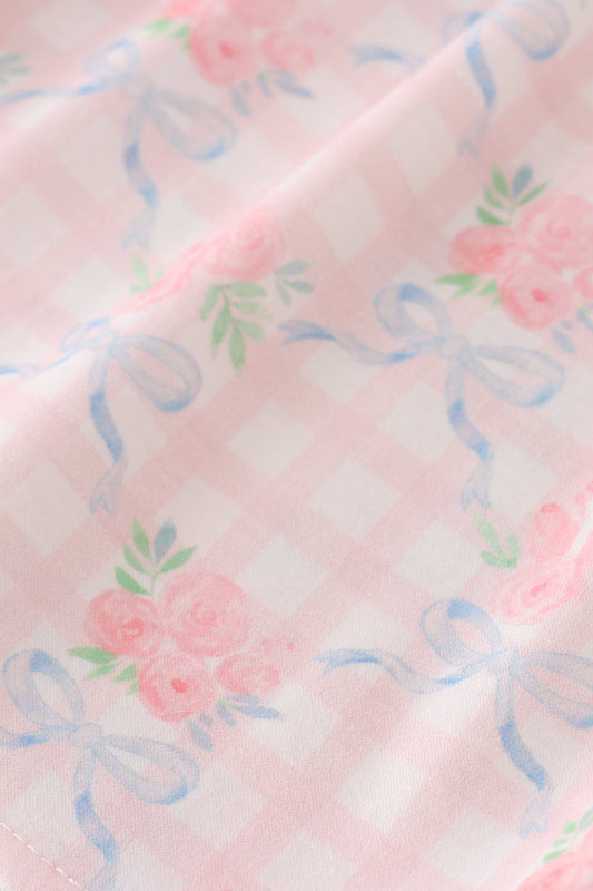 Pink floral ruffle bow pants set