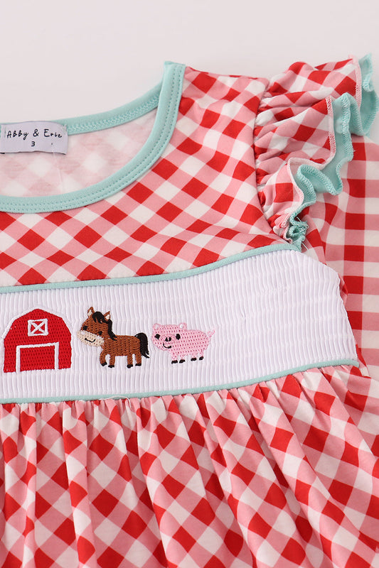 Red farm machine smocked ruffle pants set