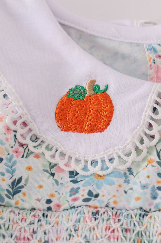 Pumpkin embroidery smocked ruffle pants set