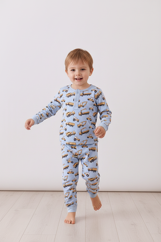 Blue excavator print bamboo pants set
