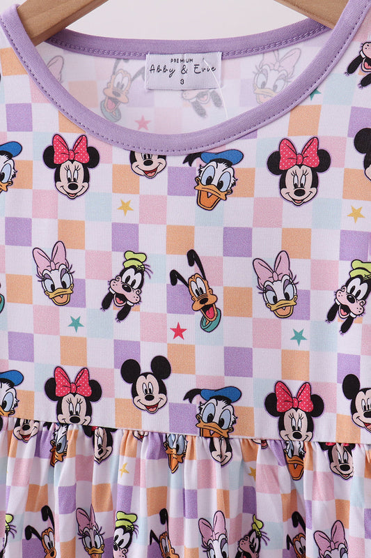 Purple character print bamboo checkered dress