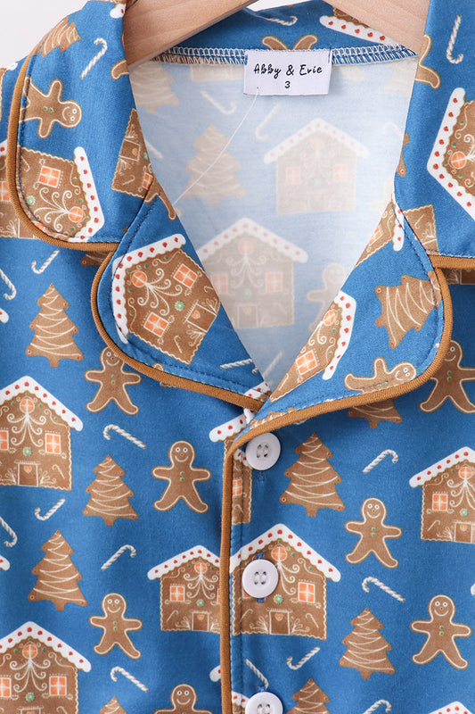 Navy gingerbread print pajamas set