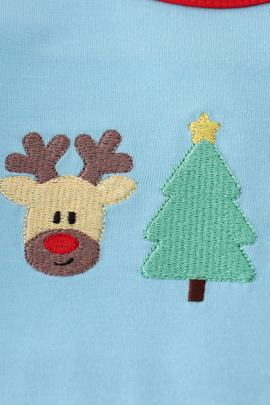 Blue deer tree santa embroidery romper