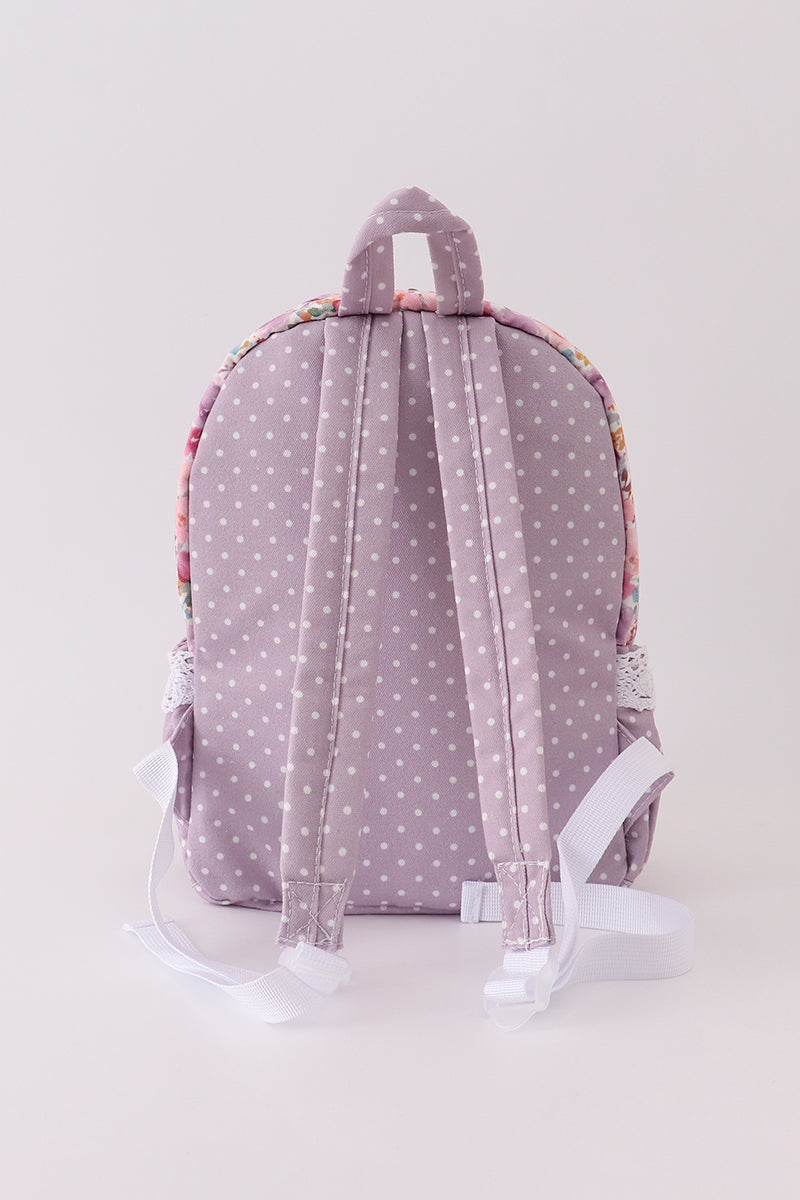 Purple floral print canvas ruffle backpack