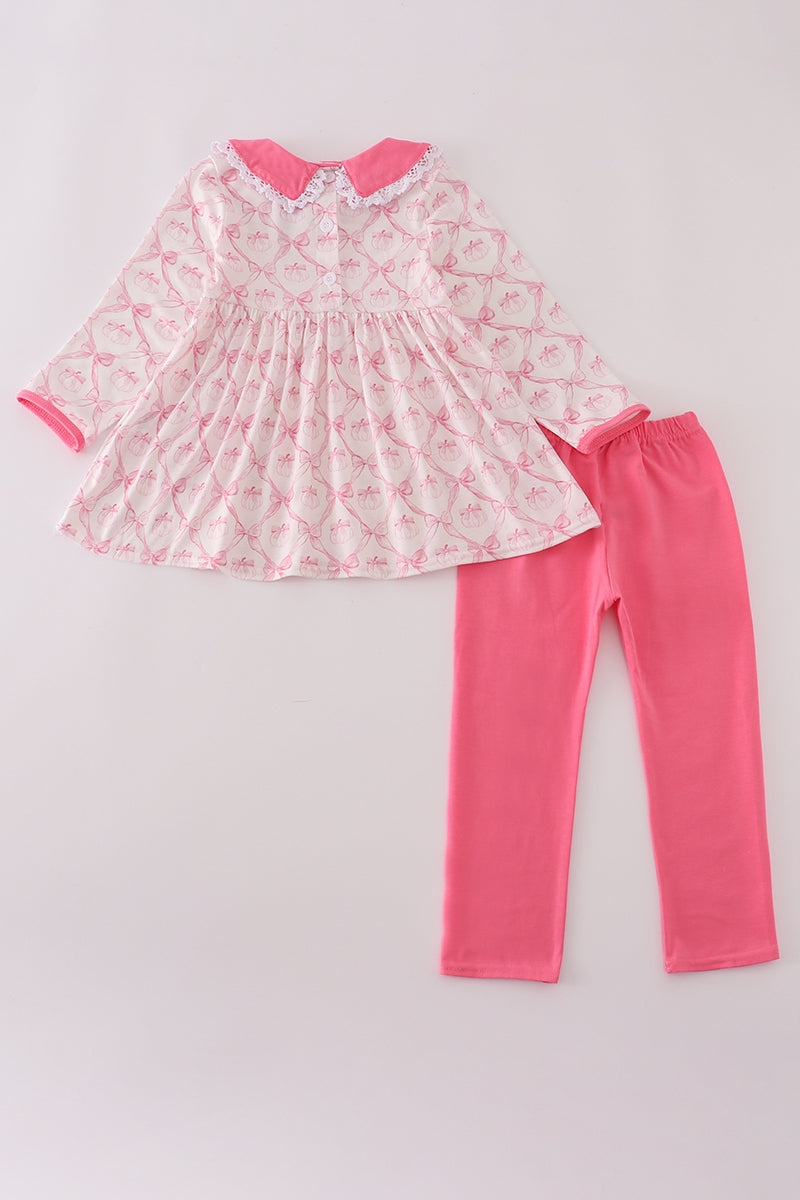 Pink bow pumpkin print pants set