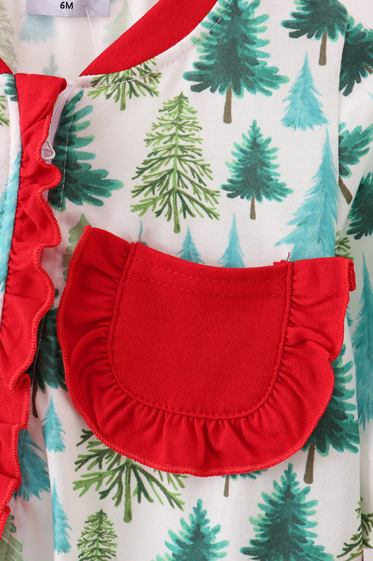 Green christmas tree print ruffle romper