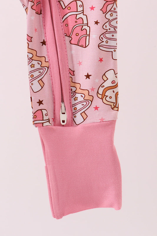 Pink christmas tree bamboo zipper romper