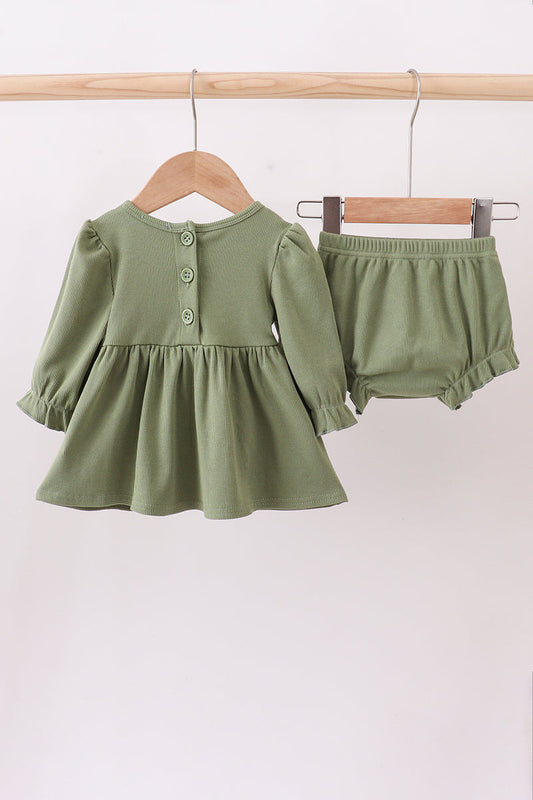 Green christmas tree embroidery ribbon ruffle bloomer set