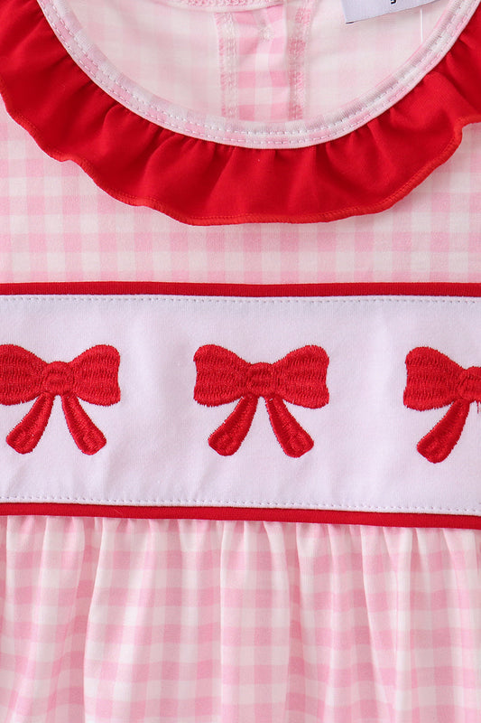 Pink bow embroidery gingham ruffle dress