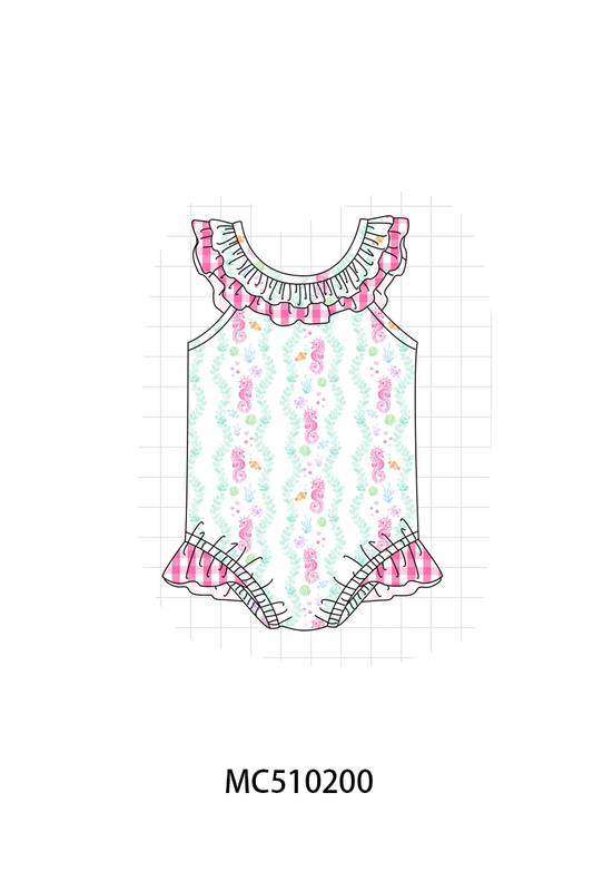 PO71 Pink seahorses print ruffle swimsuit collection
