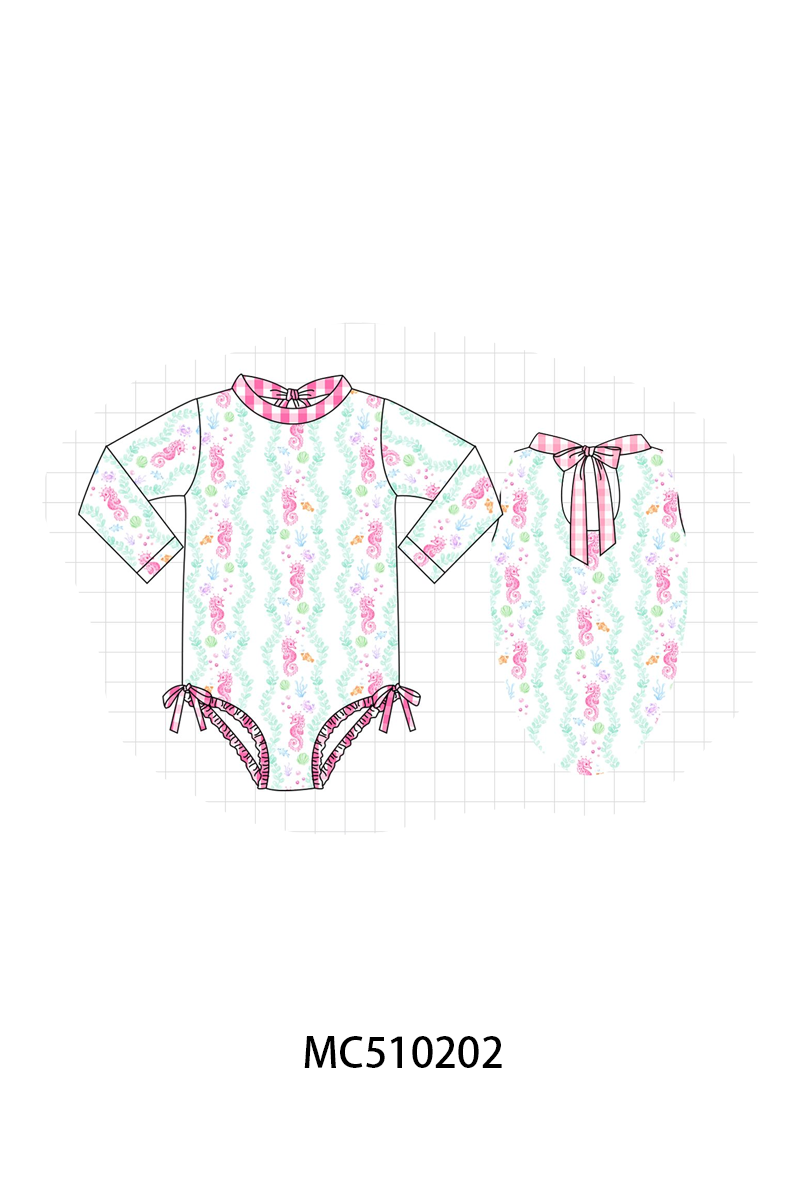 PO71 Pink seahorses print ruffle swimsuit collection