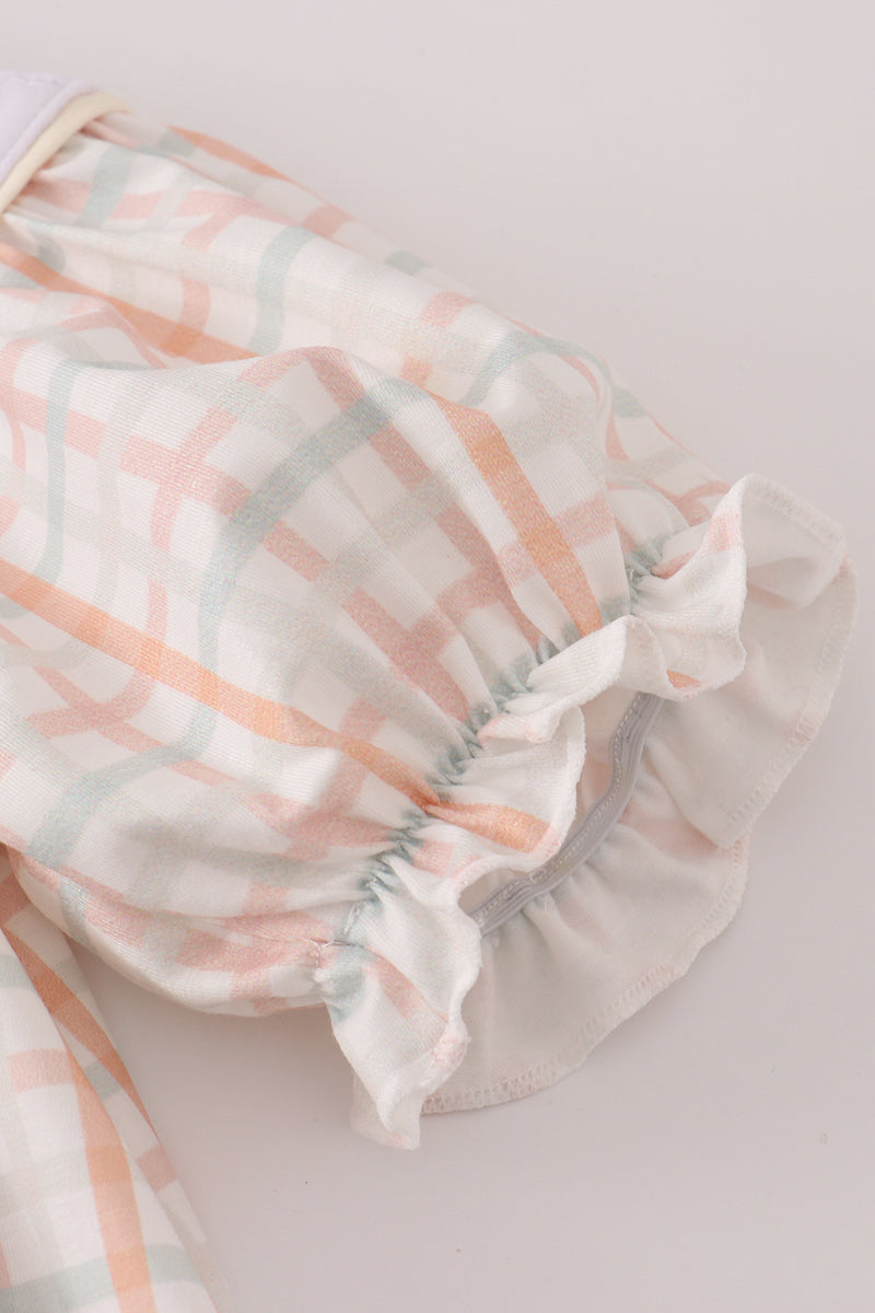 Neutral plaid french knot ruffle shorts set