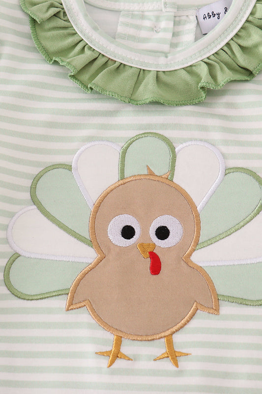 Sage turkey applique stripe ruffle bubble