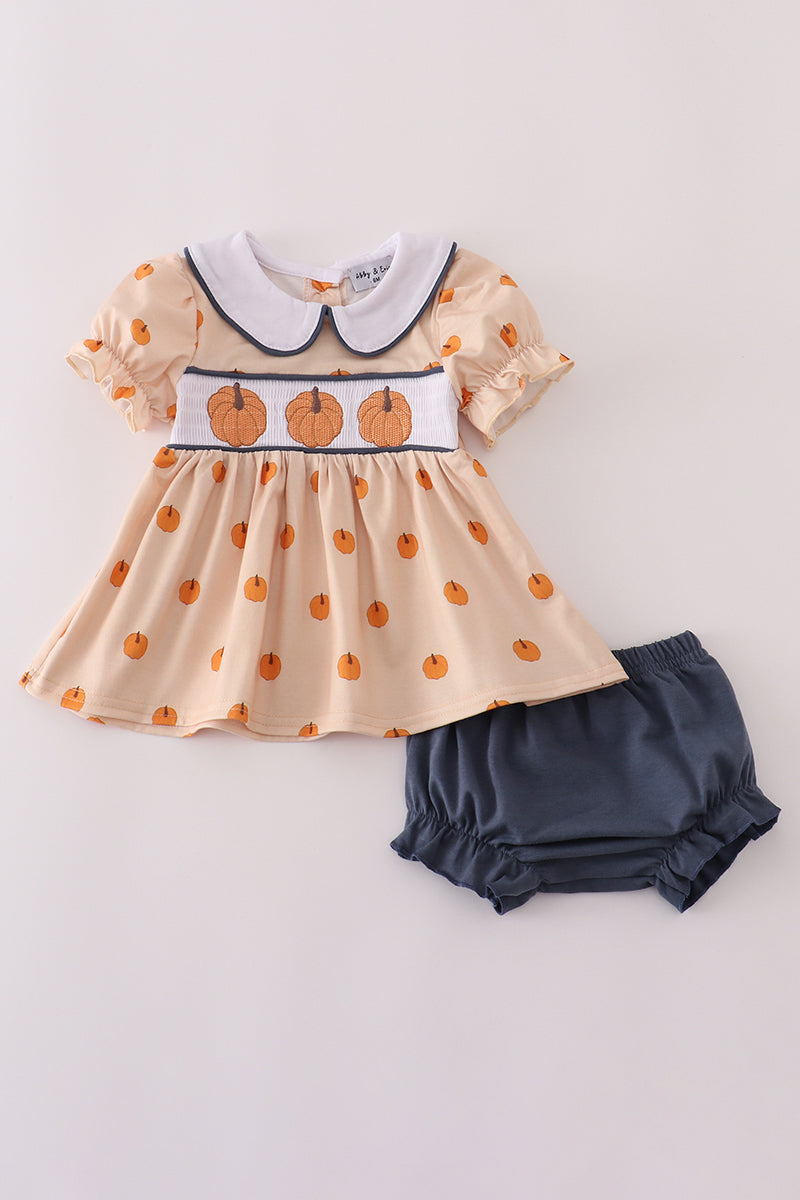 Pumpkin machine smocked bloomer set