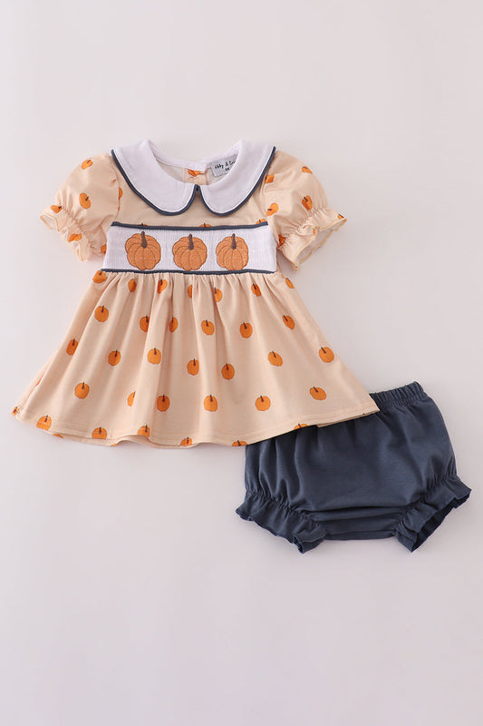 Pumpkin machine smocked bloomer set