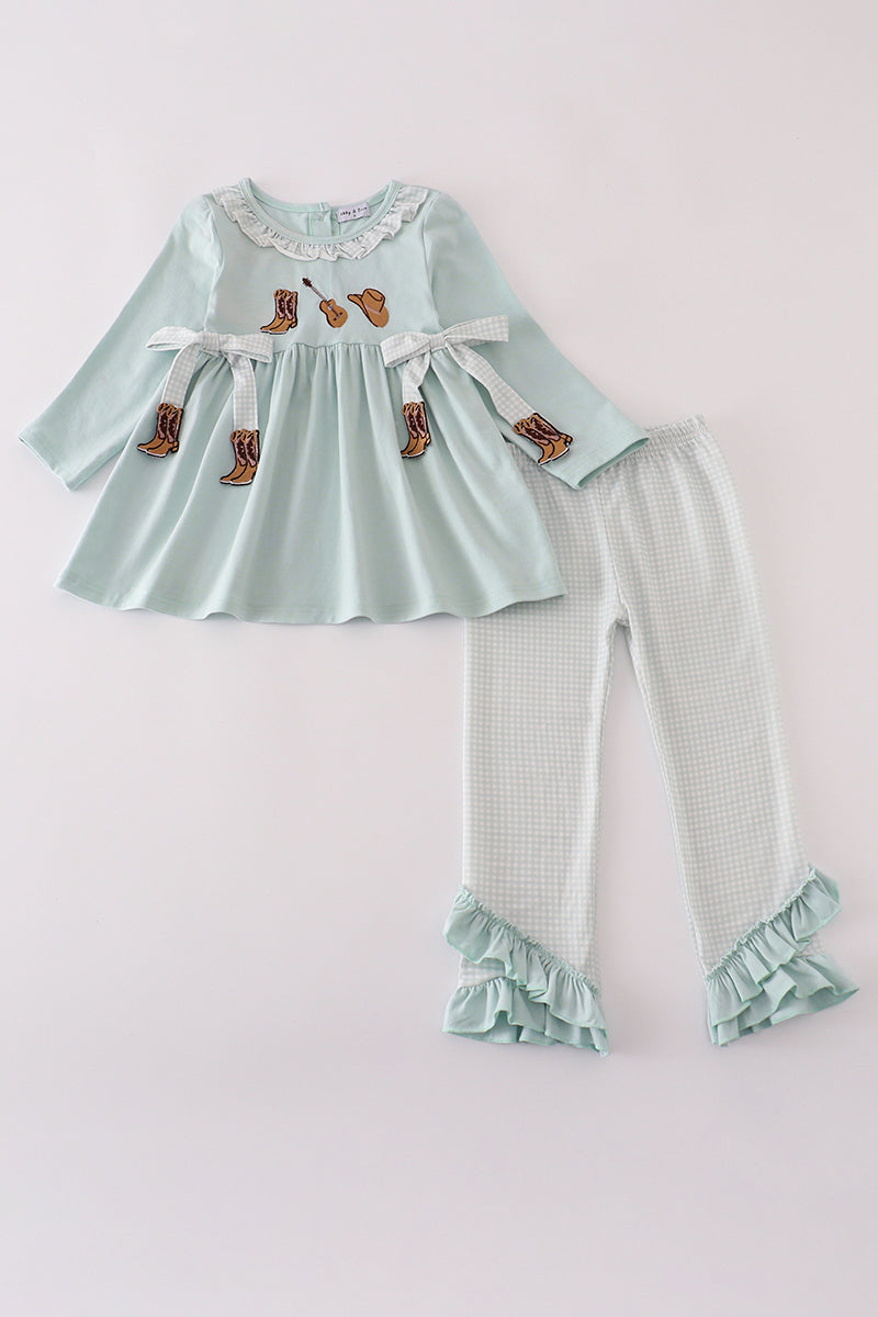 Blue boots ruffle pants set