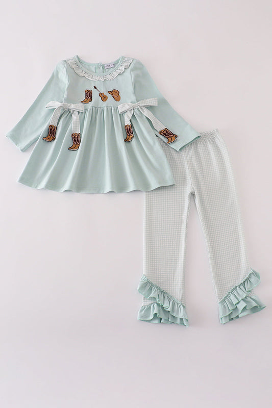 Blue boots ruffle pants set