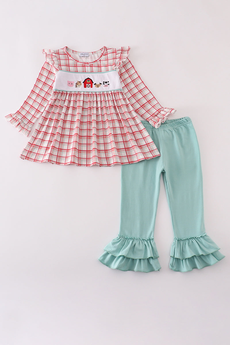 Red plaid farm ruffle pants set
