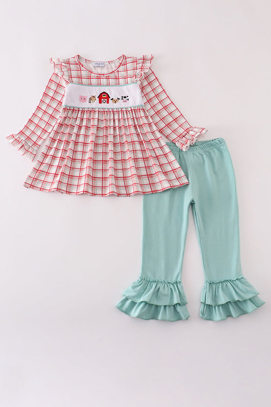 Red plaid farm ruffle pants set