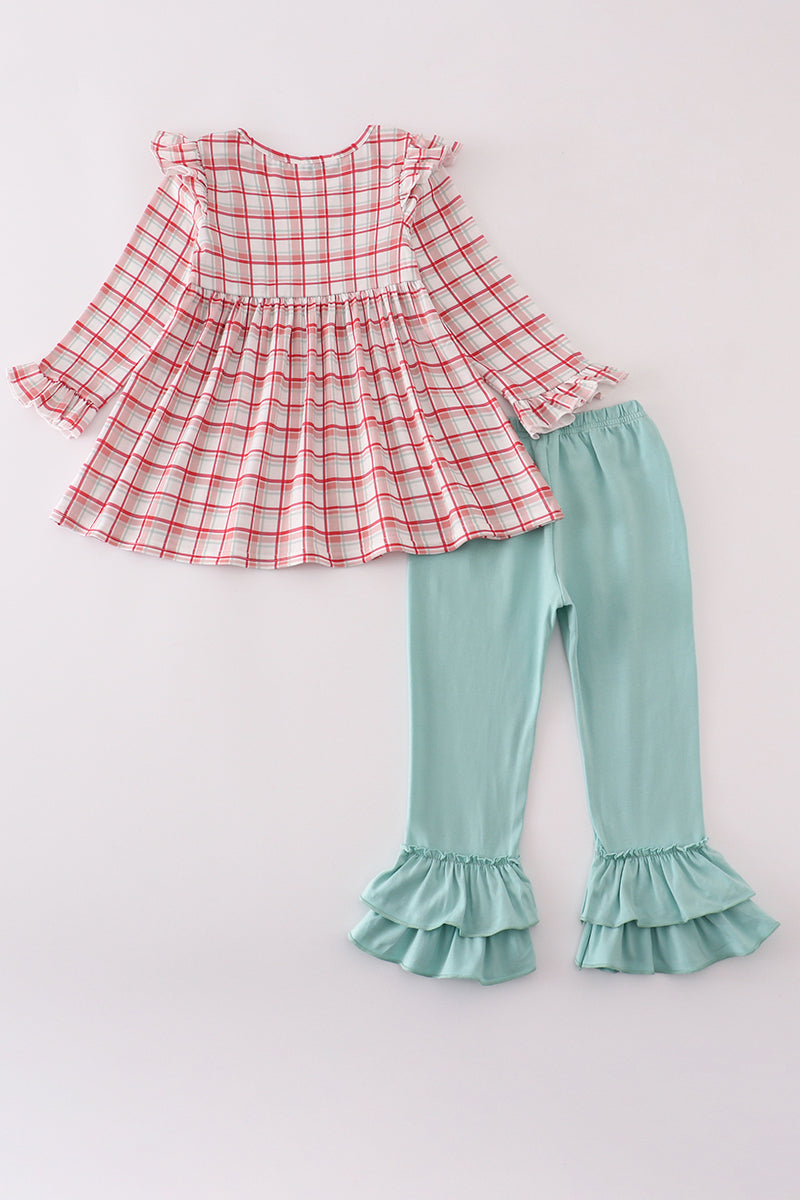 Red plaid farm ruffle pants set