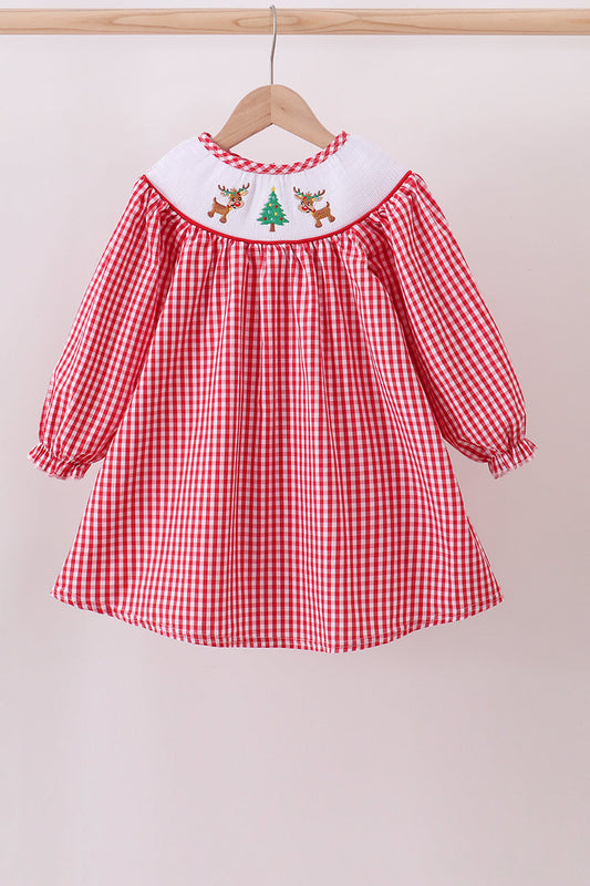 Red woven christmas tree reindeer smocked dress