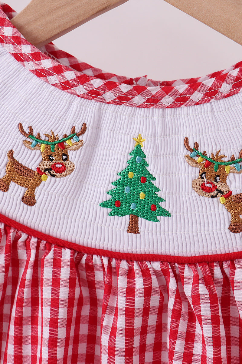Red woven christmas tree reindeer smocked dress