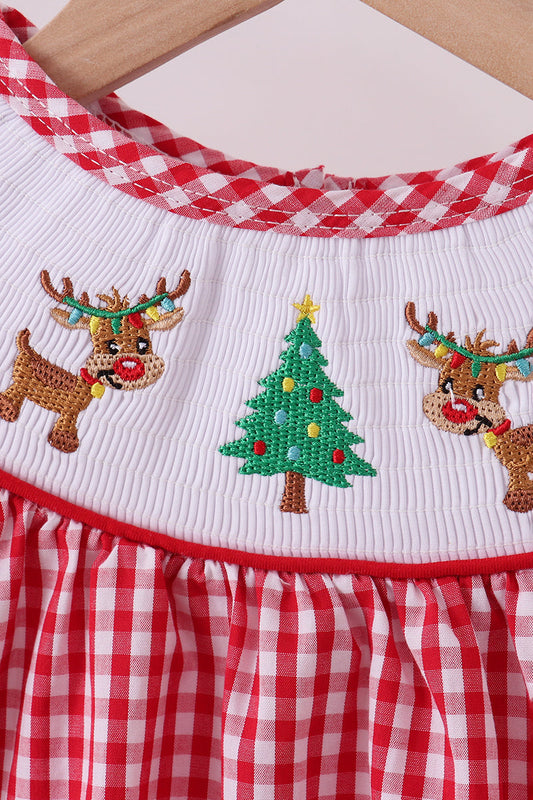 Red woven christmas tree reindeer smocked dress