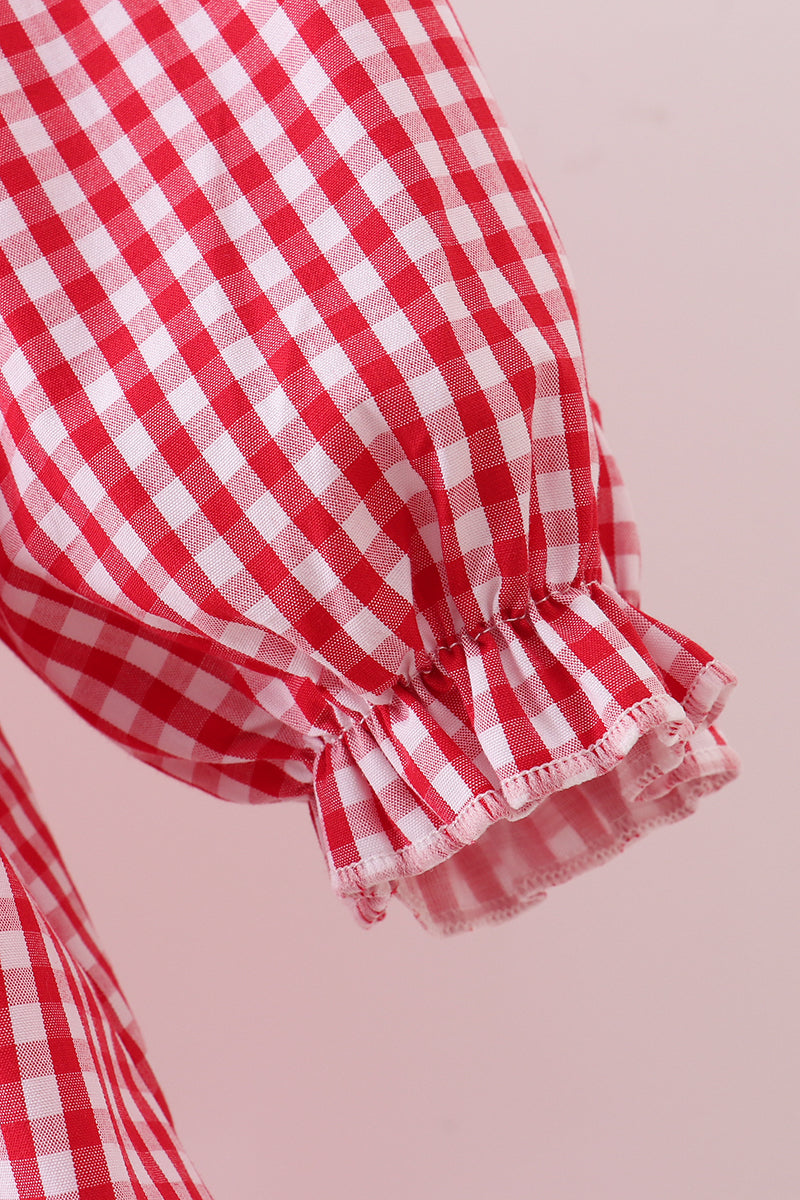 Red woven christmas tree reindeer smocked dress