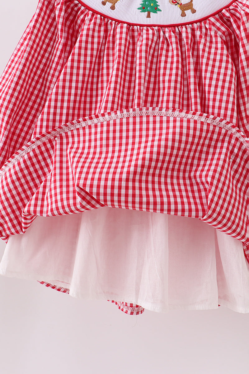 Red woven christmas tree reindeer smocked dress