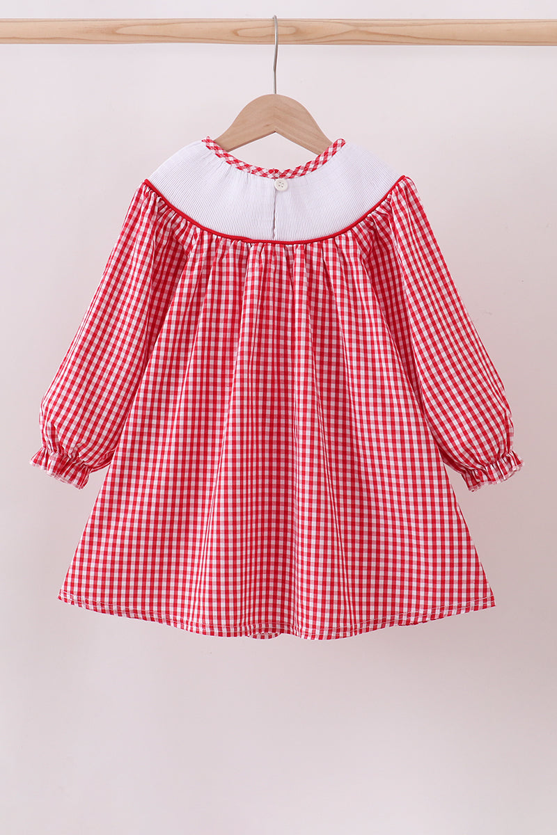 Red woven christmas tree reindeer smocked dress