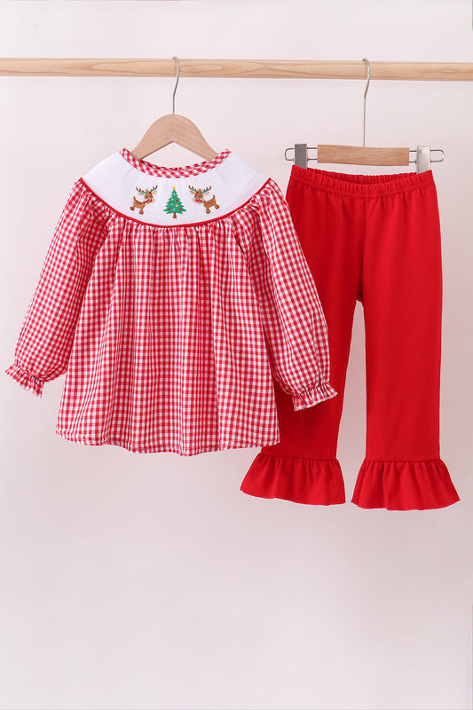 Red woven christmas tree reindeer smocked pants set