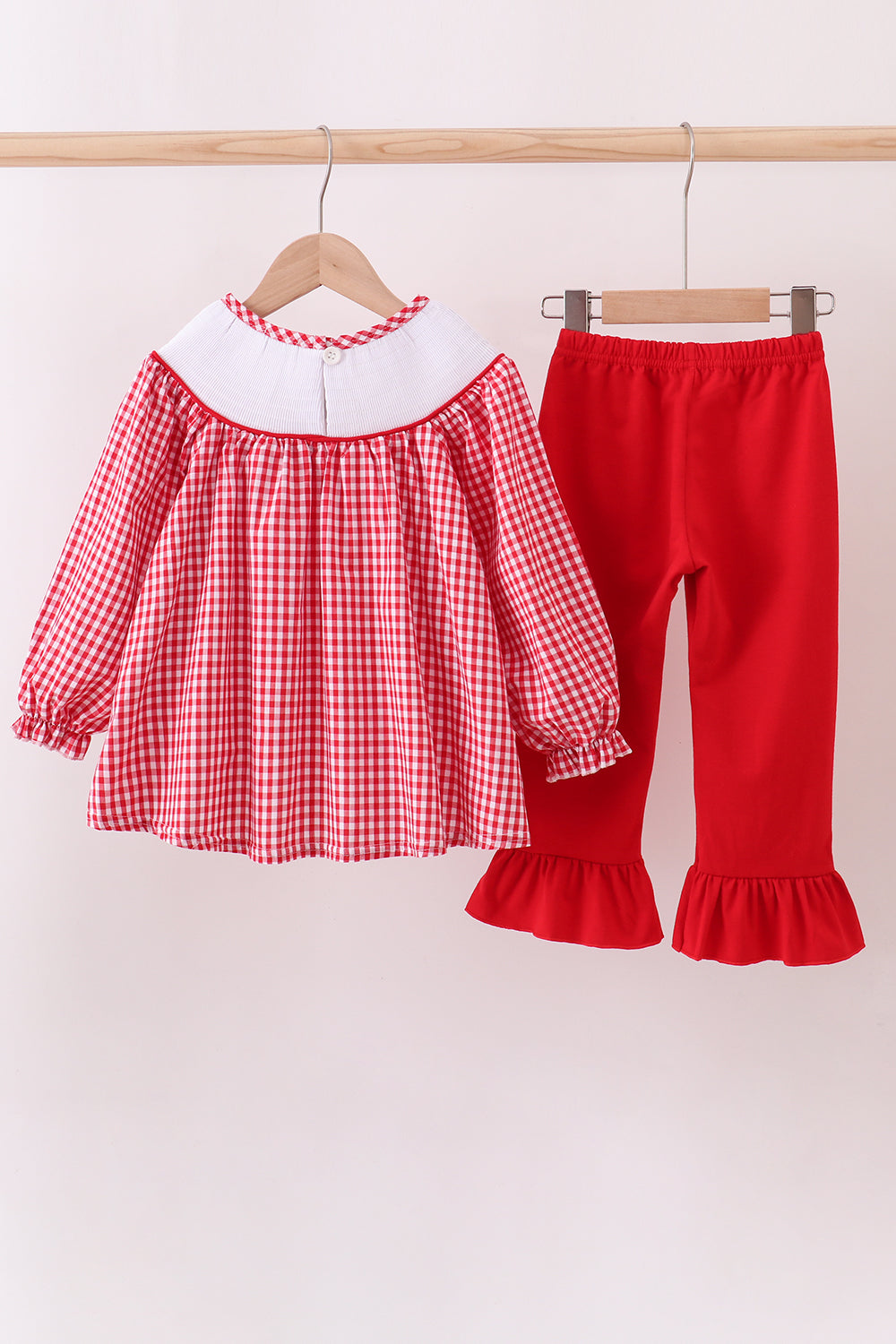 Red woven christmas tree reindeer smocked pants set