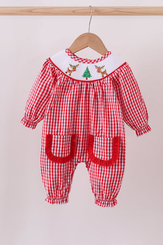 Red woven christmas tree reindeer smocked romper