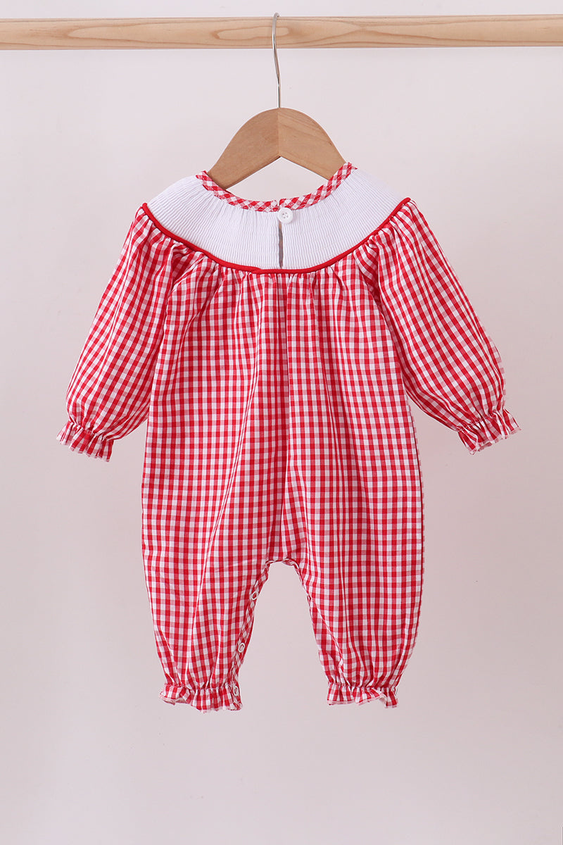 Red woven christmas tree reindeer smocked romper