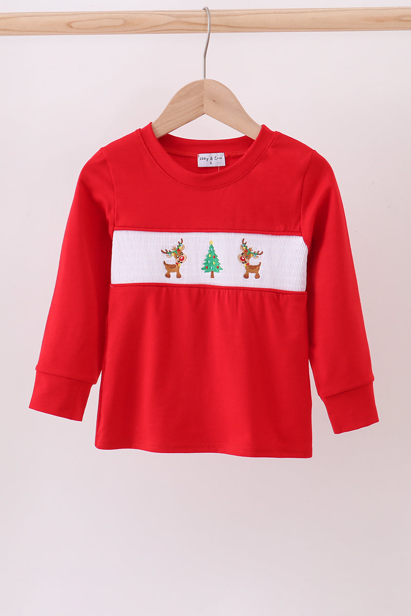 Red christmas tree reindeer smocked top
