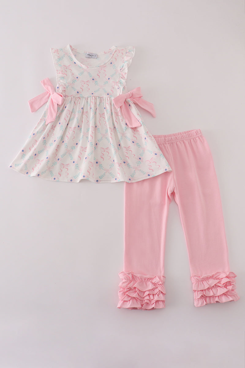 Pink floral bow ruffle pants set