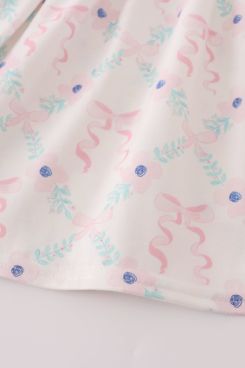 Pink floral bow ruffle pants set