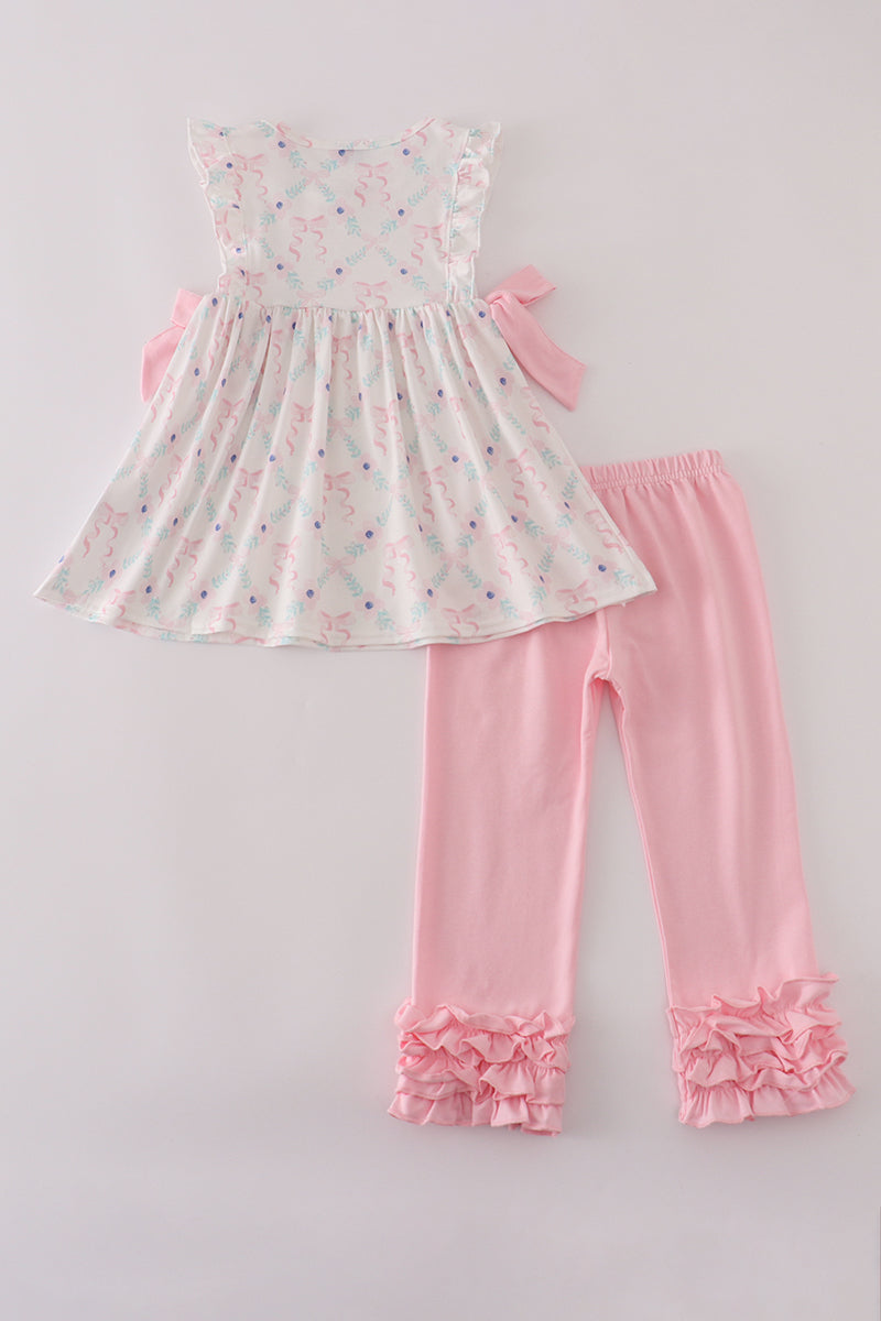 Pink floral bow ruffle pants set