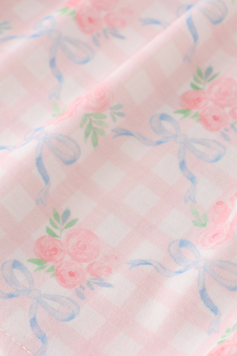 Pink floral ruffle bow pants set