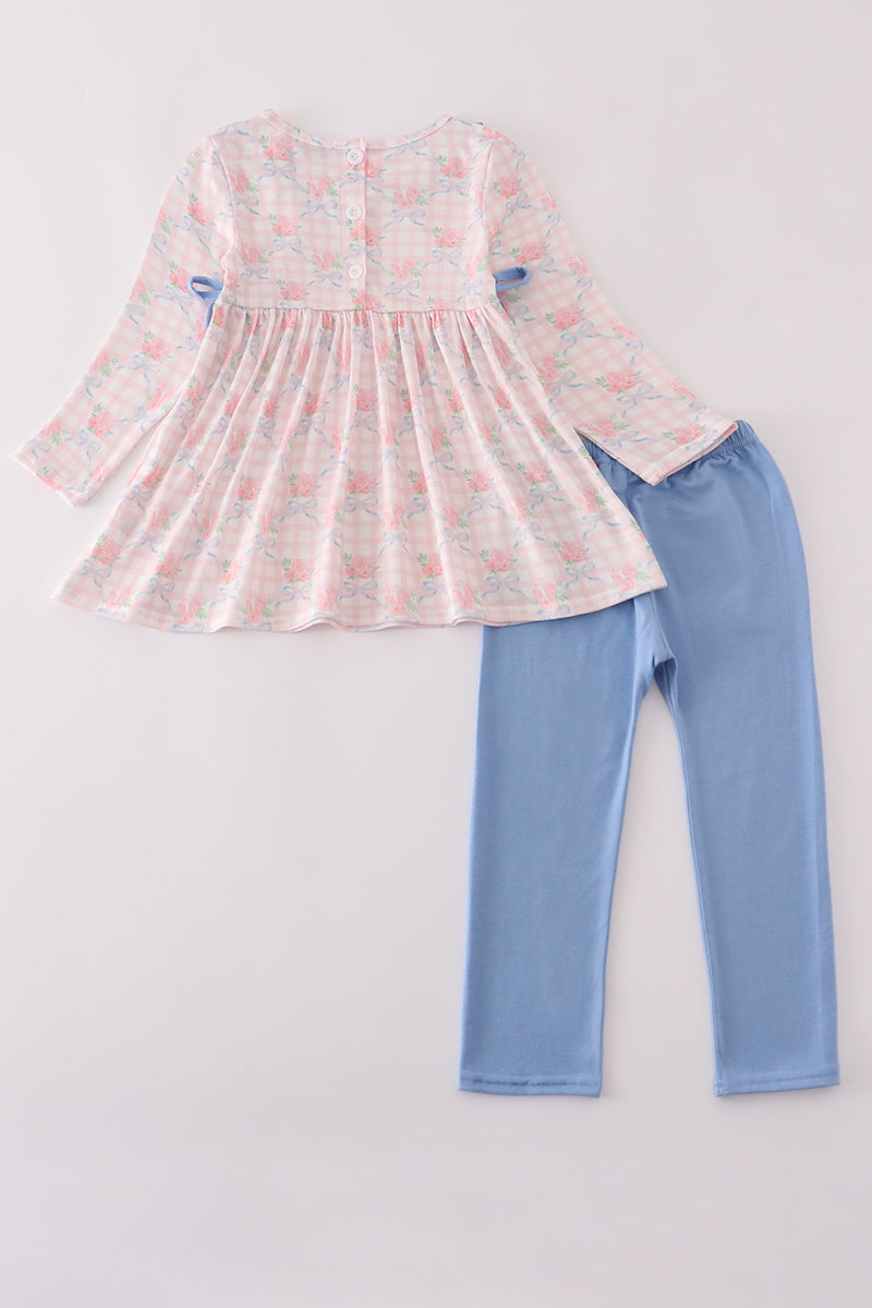 Pink floral ruffle bow pants set