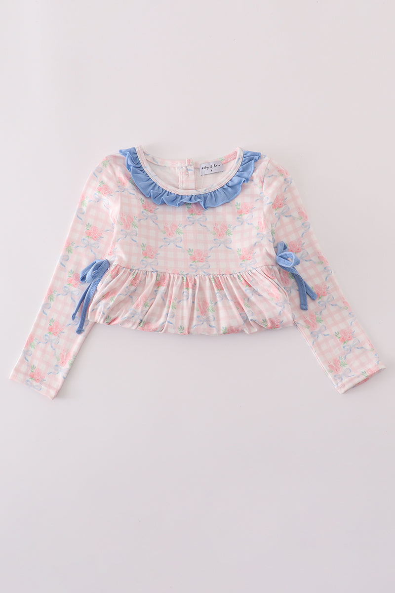 Pink floral ruffle bow pants set