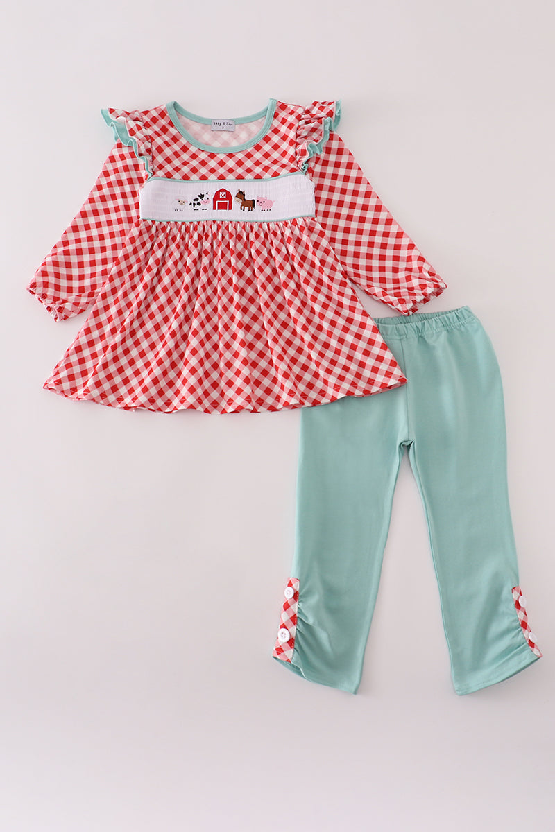 Red farm machine smocked ruffle pants set