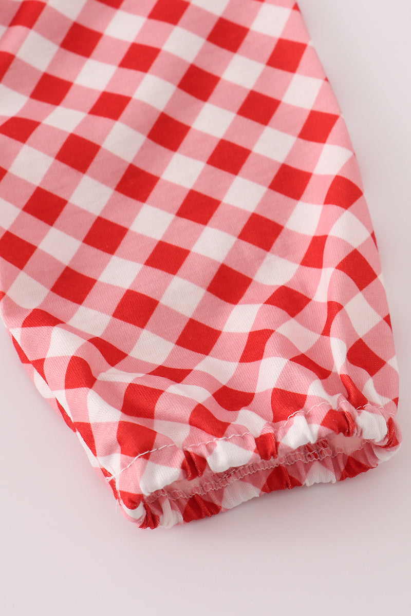 Red farm machine smocked ruffle pants set