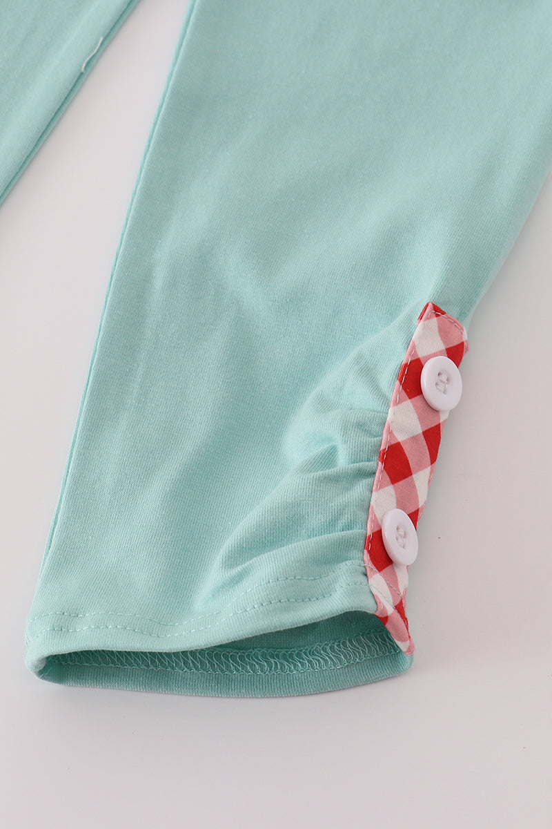 Red farm machine smocked ruffle pants set