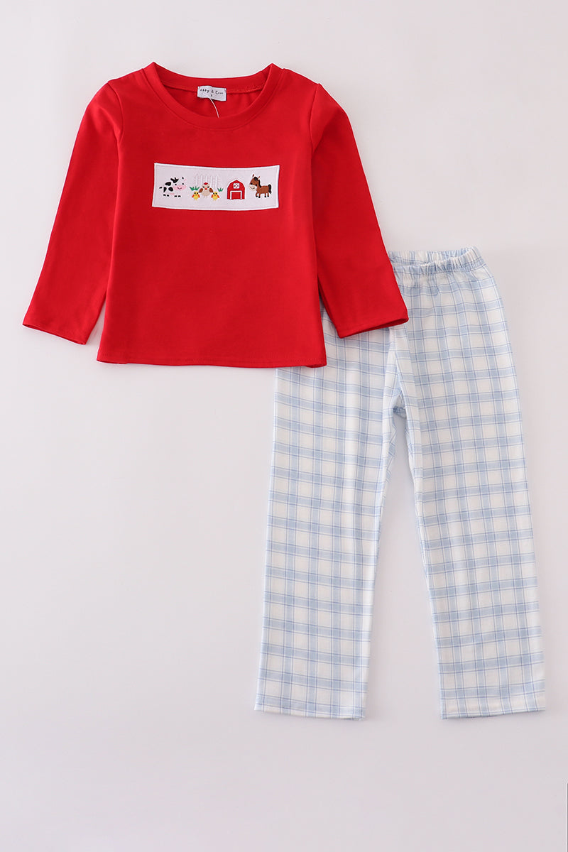 Red farm plaid pants set