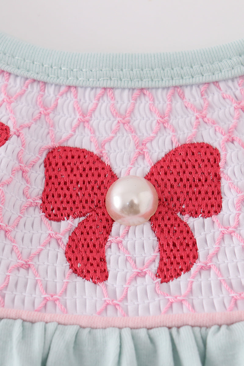 Bow pearl smocked dress