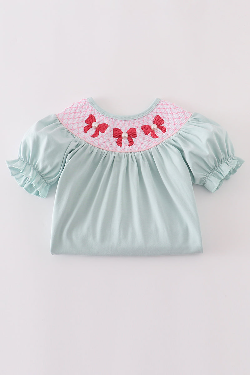 Bow pearl smocked dress
