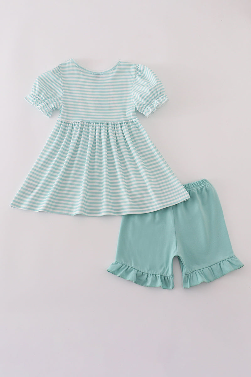 Green stripe puppy hunting embroidery shorts set