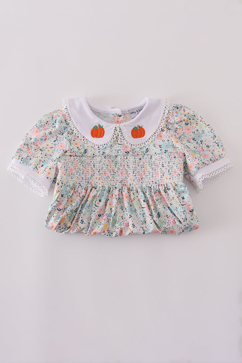 Pumpkin embroidery smocked ruffle pants set